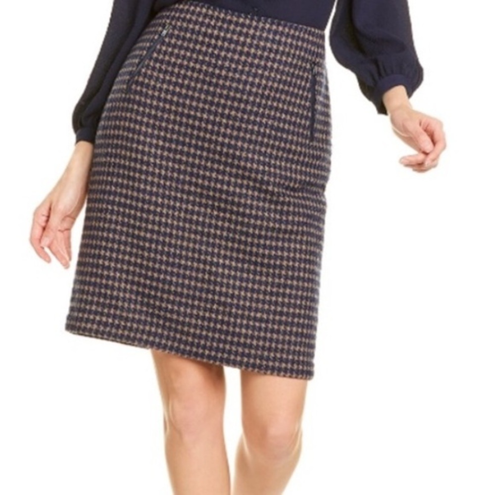 J. McLaughlin Kenmare wool blend houndstooth navy blue brown pencil skirt 8
